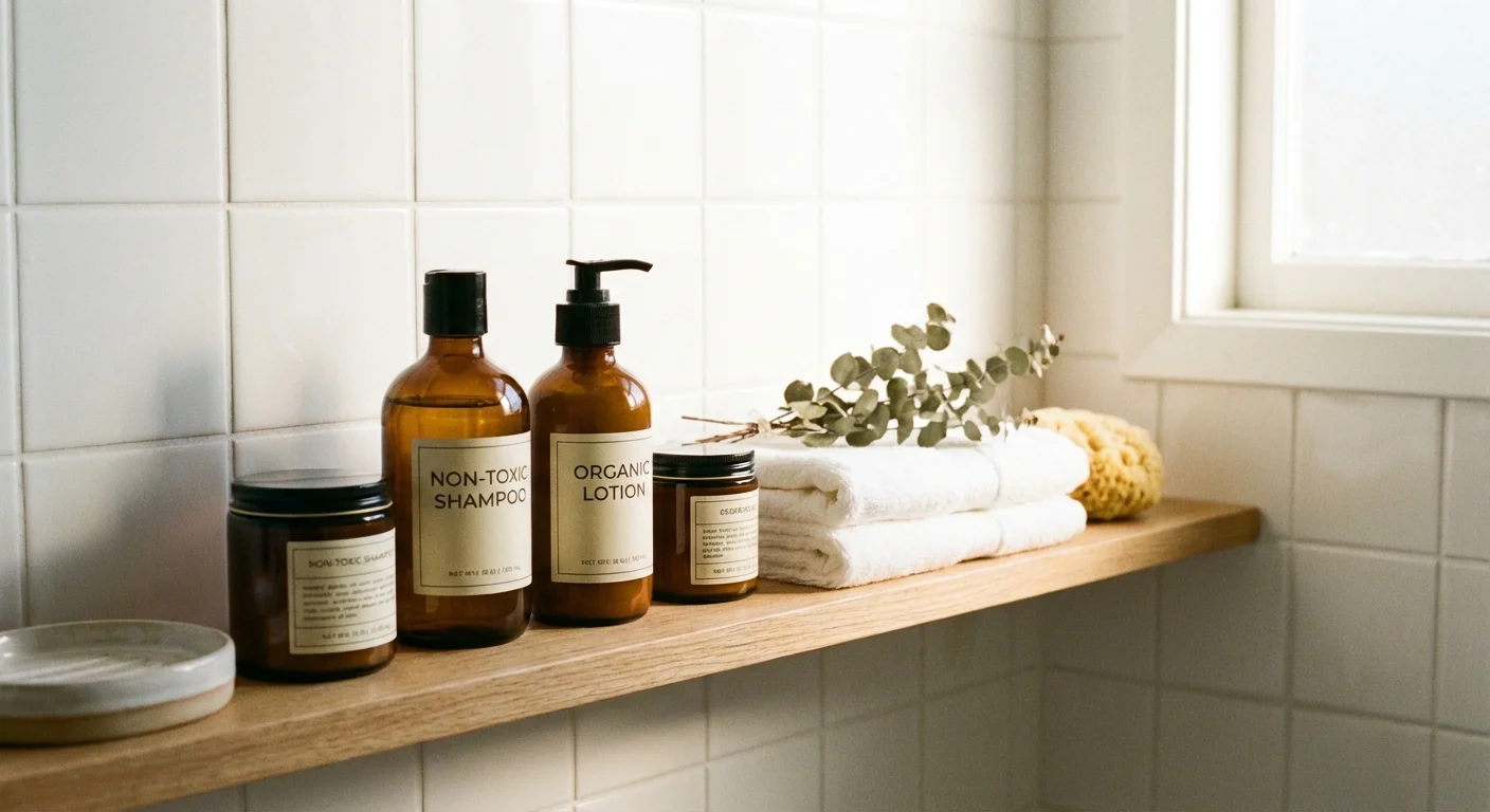 Amber glass bottles and fresh white towels on a minimalist bathroom shelf.
