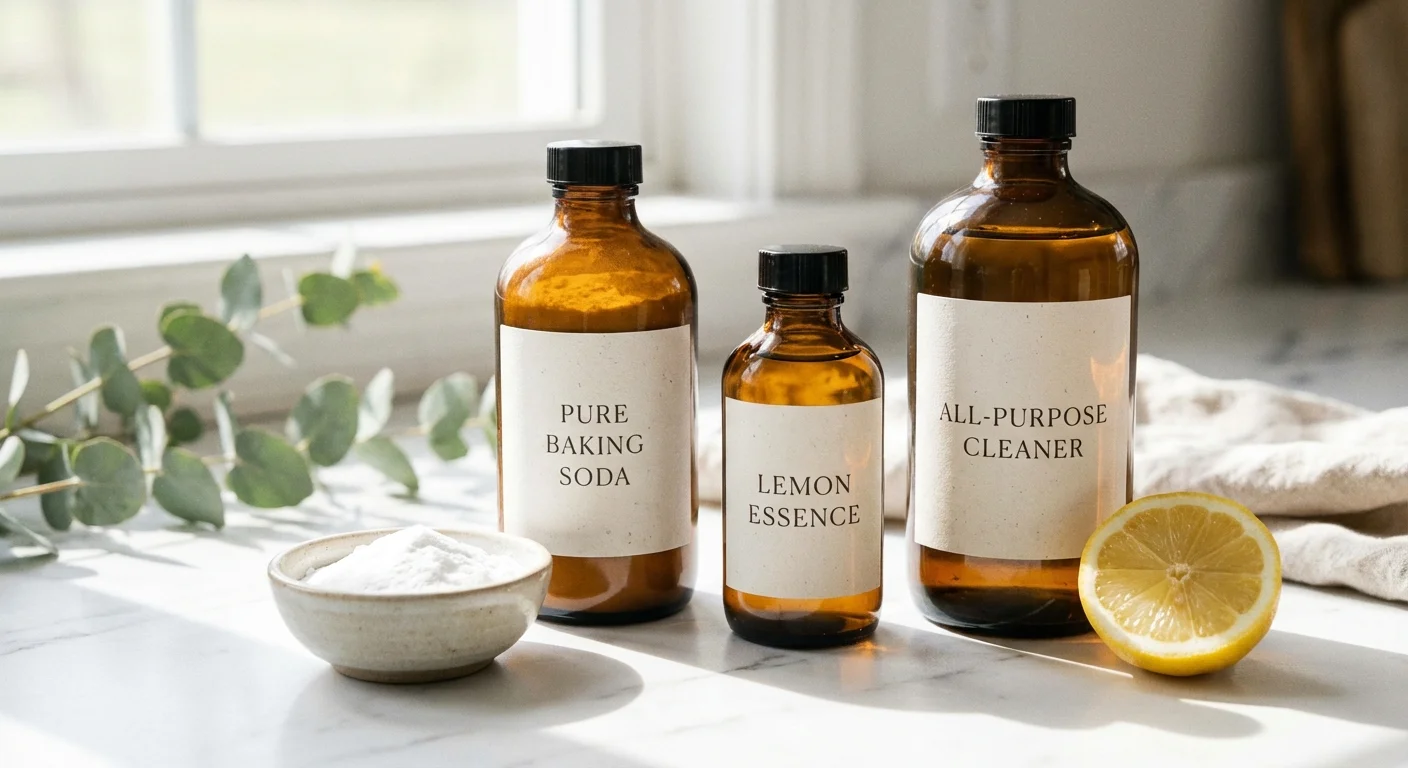 Amber glass cleaning bottles and natural ingredients like baking soda and lemon on a counter.