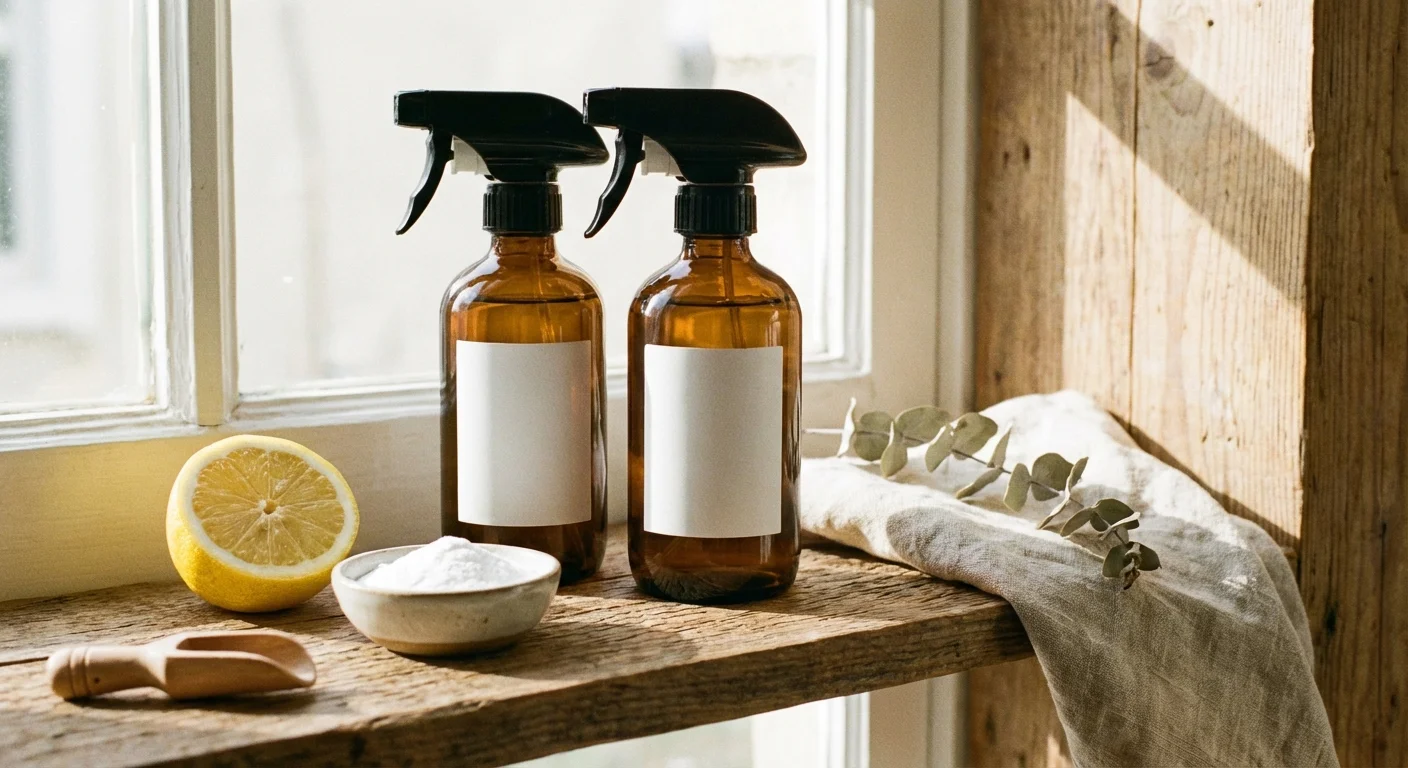 Amber glass cleaning bottles next to a lemon and baking soda on a shelf.