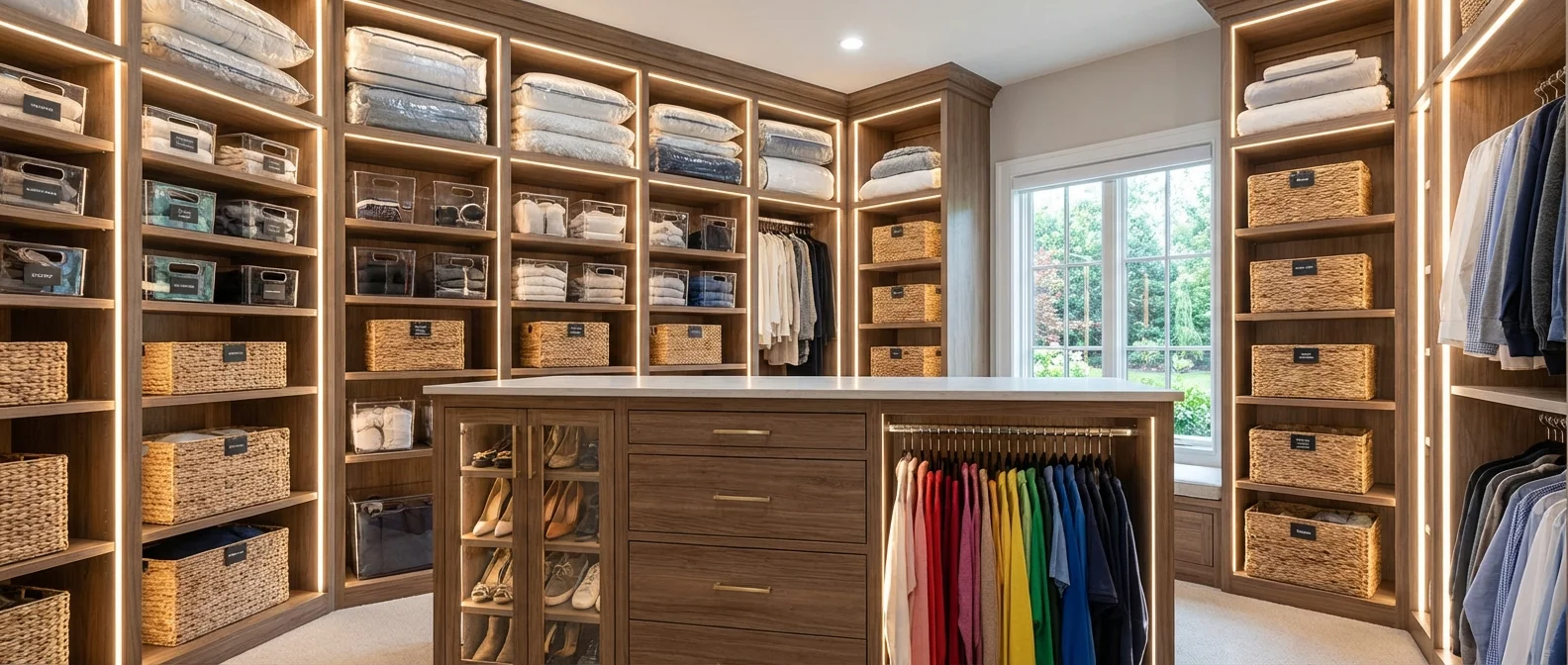 An aspirational, perfectly organized walk-in closet with storage solutions.