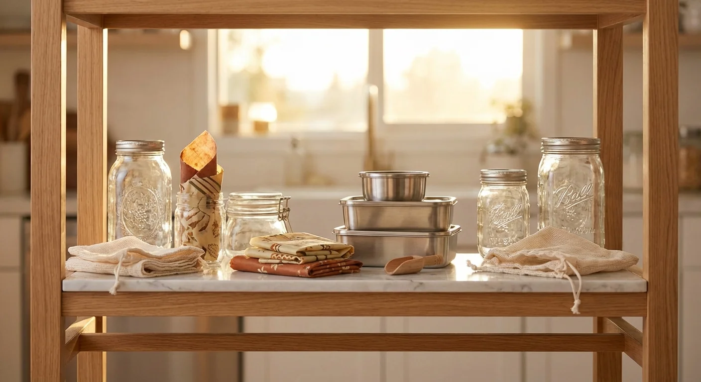 An assortment of sustainable food storage containers including glass jars and beeswax wraps.