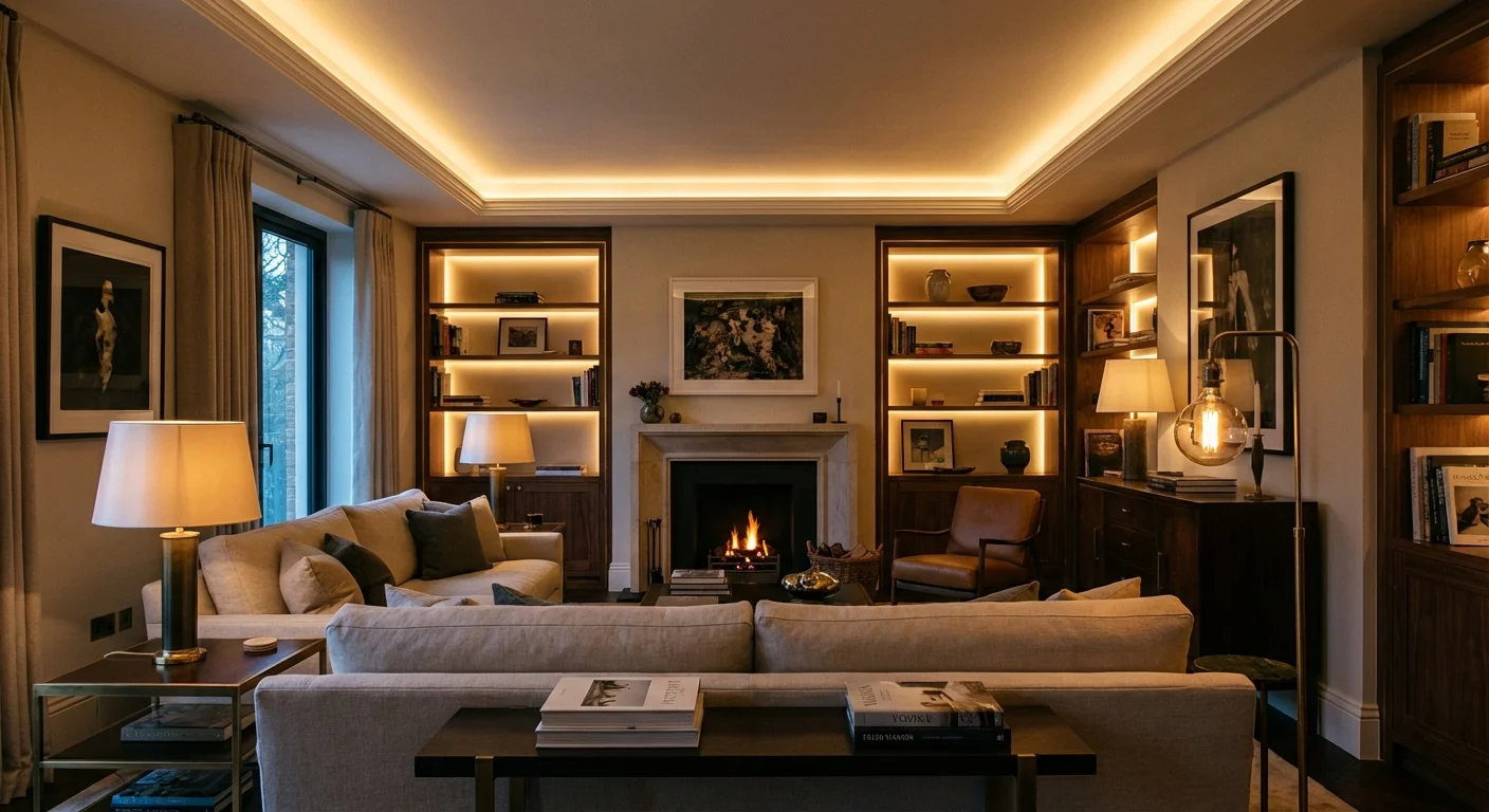 An elegantly lit room with soft, balanced light sources avoiding harsh overhead shadows.