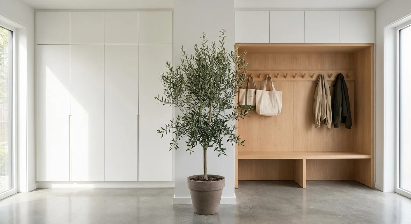 An entryway featuring both closed white cabinets and open wooden hooks for storage.