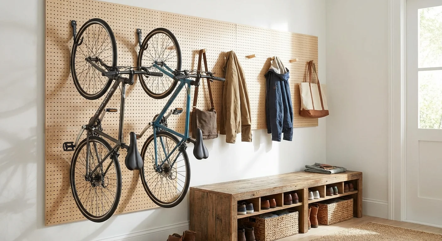 An entryway with a wall-mounted bike rack and pegboard for coats and accessories.