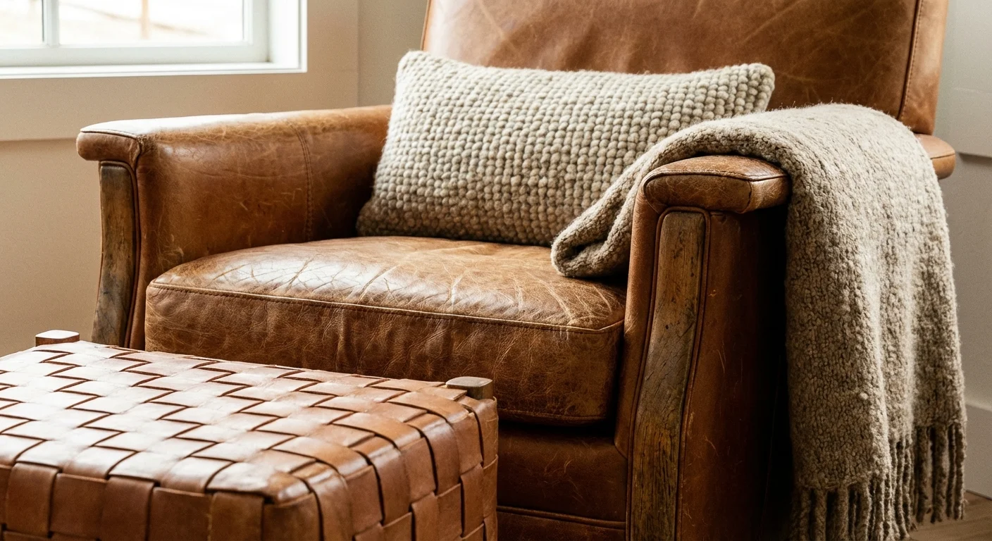 An ergonomic leather armchair and ottoman styled for comfort.