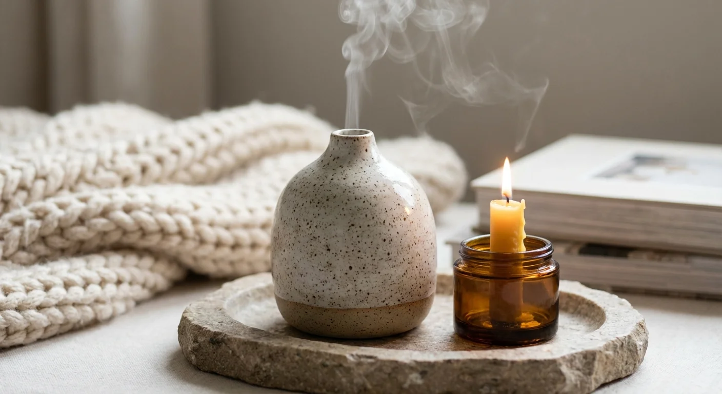 An essential oil diffuser and a candle on a tray, creating a relaxing scent.