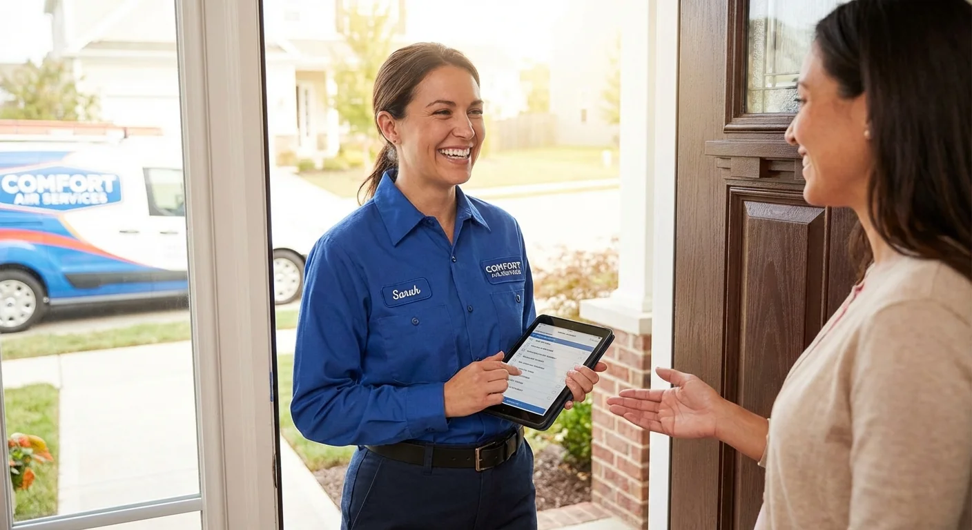 An HVAC professional being greeted at the door of a beautiful home.