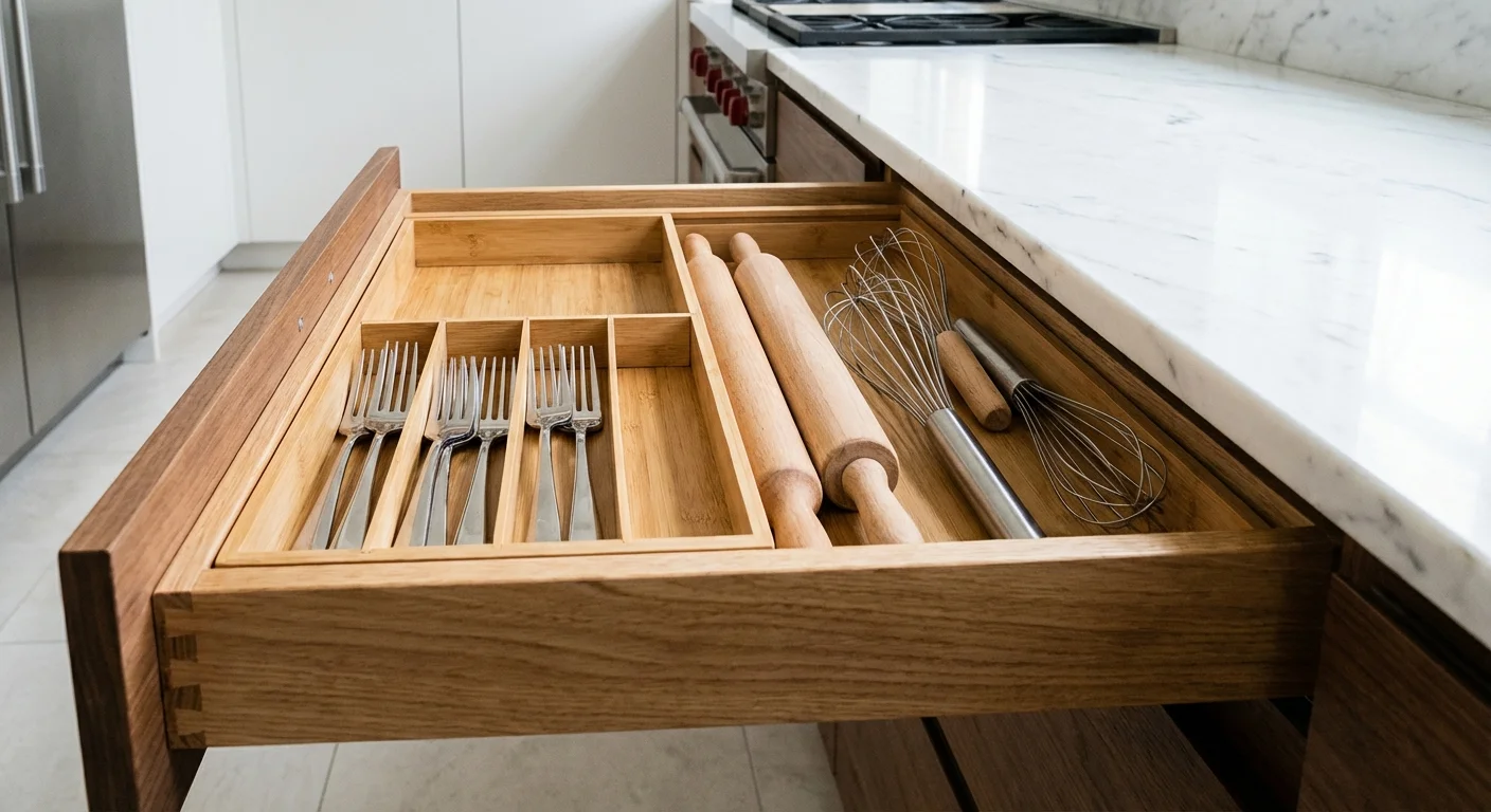 An open kitchen drawer with an expandable bamboo tray holding cutlery and baking tools.