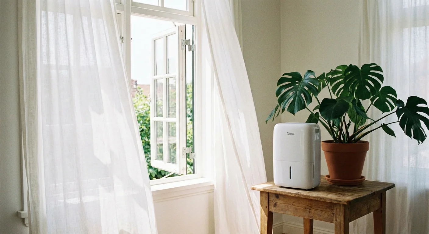 An open window with curtains blowing in the wind next to a small dehumidifier and a plant.