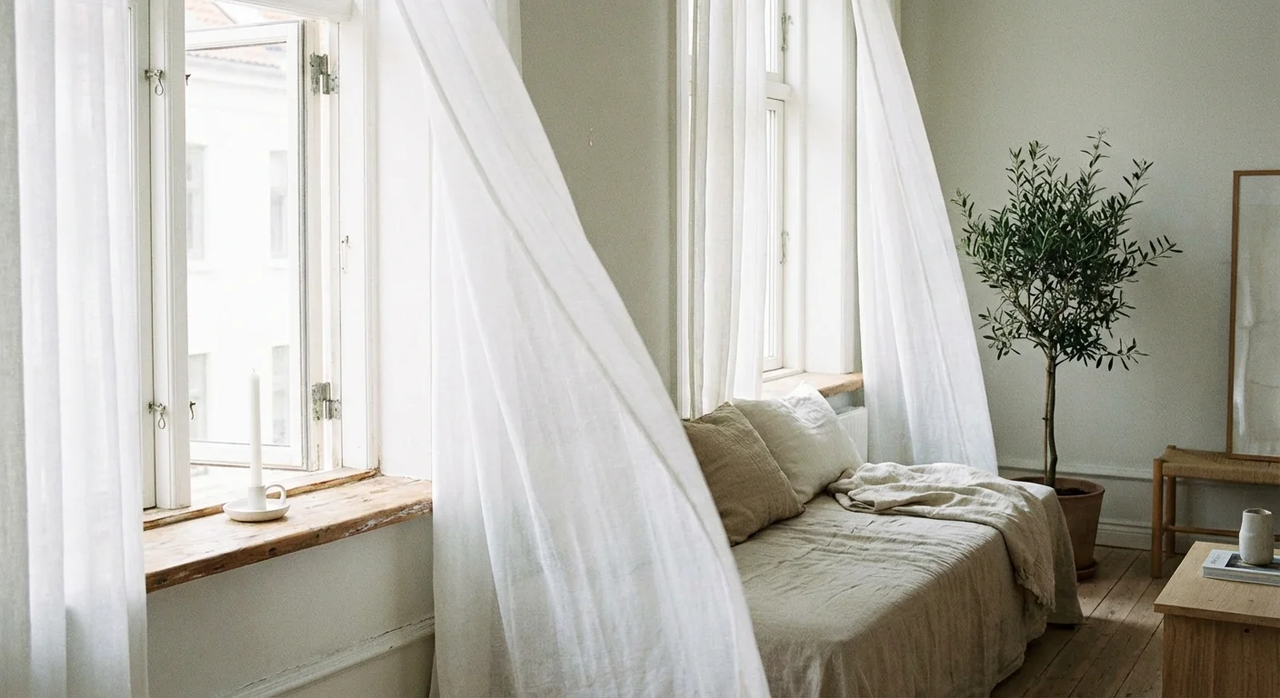 An open window with sheer curtains and a candle, symbolizing fresh air.