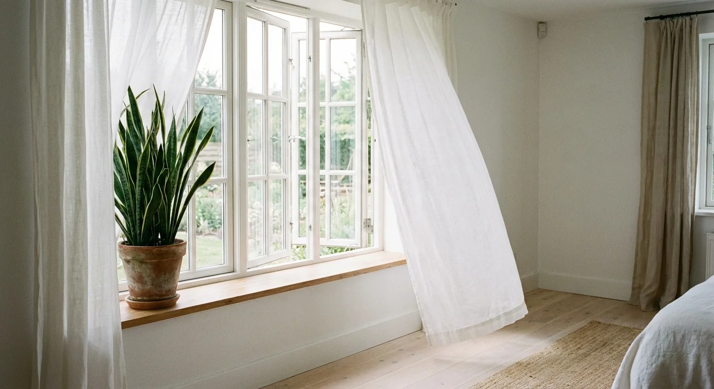 An open window with white curtains and a green plant on the sill.