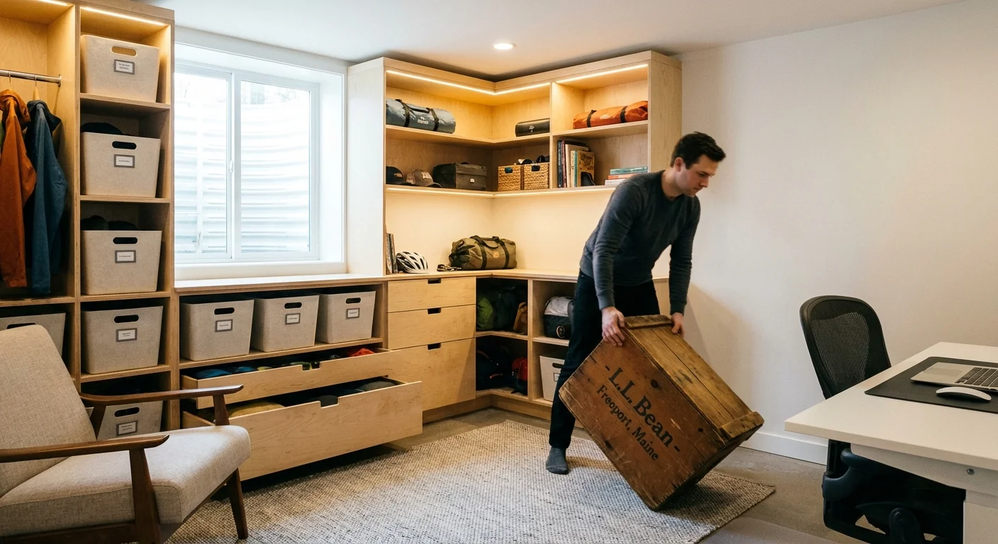 An organized basement corner with minimalist storage, showing a clean and functional transformation.