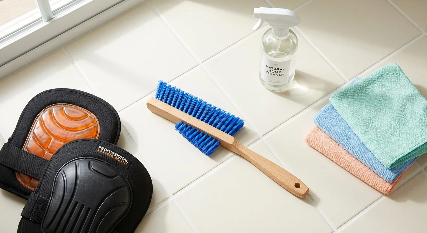 An organized collection of grout cleaning tools including a brush, knee pads, and microfiber cloths.