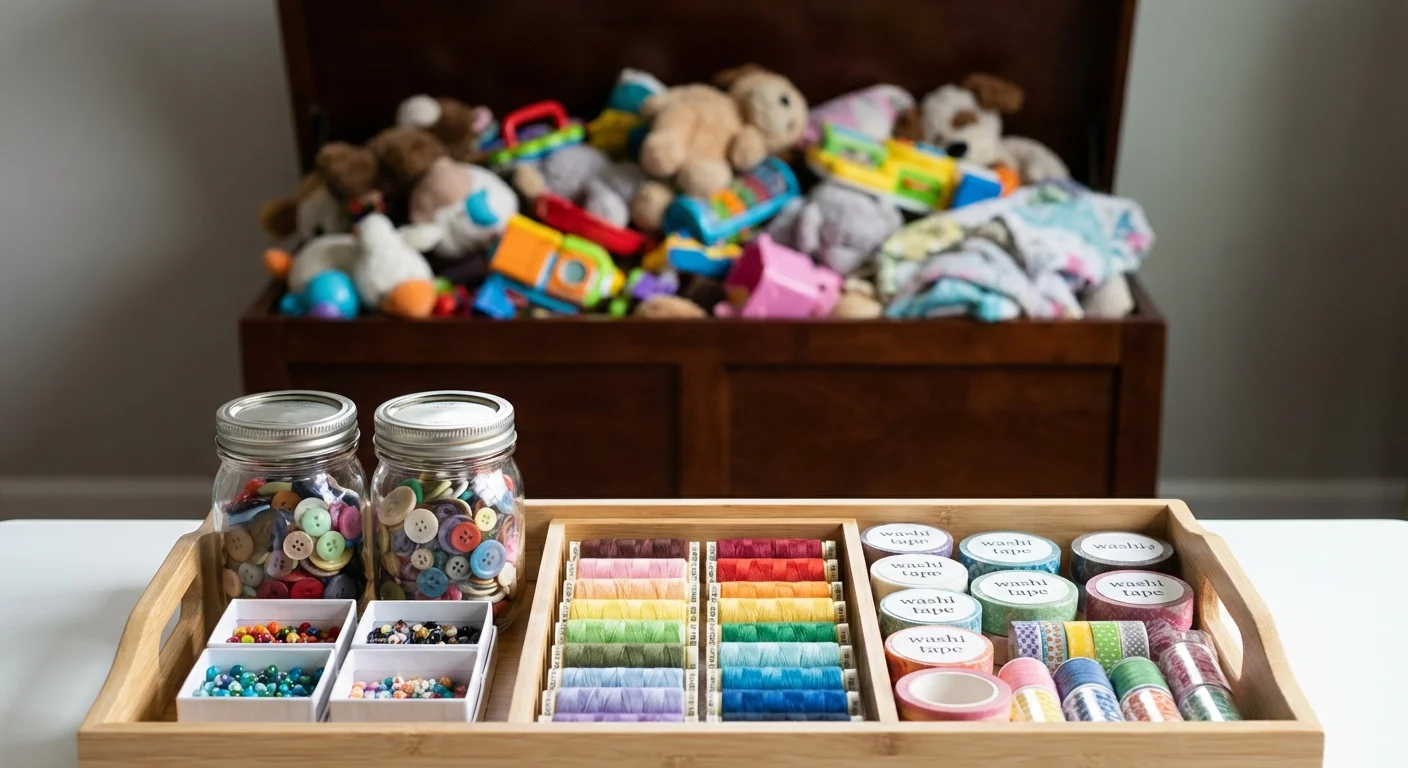 An organized craft tray in focus with a messy, deep toy box blurred in the background.