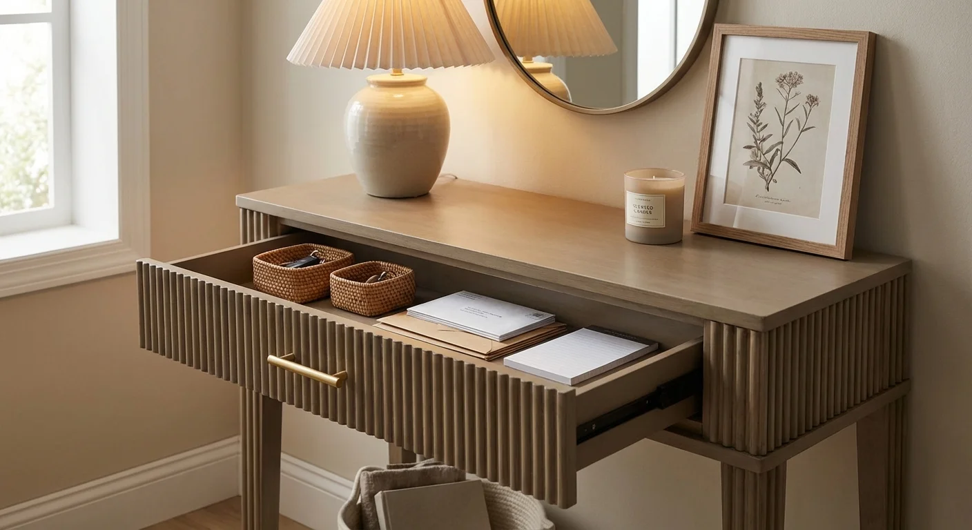 An organized entryway drawer used as a household command center.