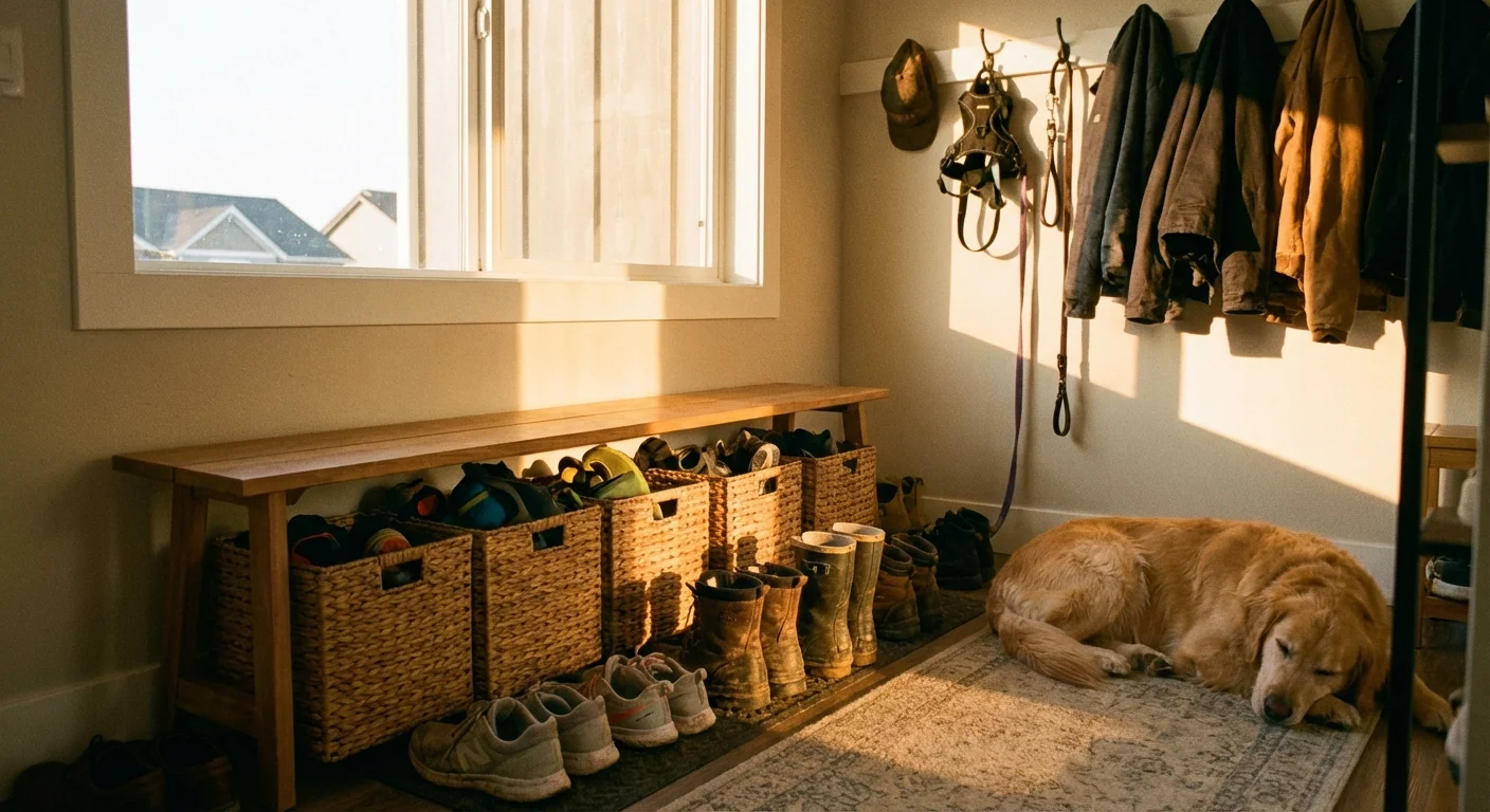An organized entryway with baskets and a bench, showing a functional family home.