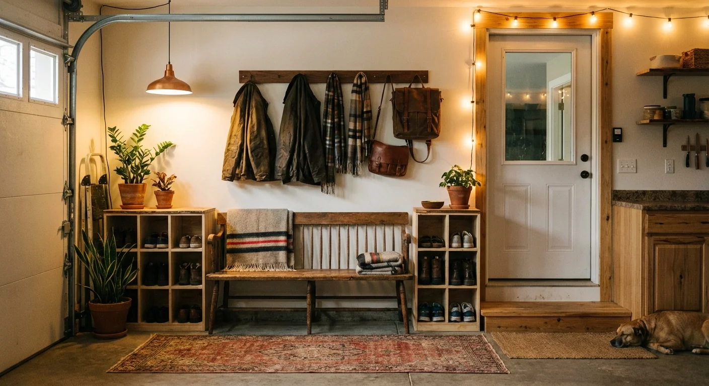 An organized entryway zone in a garage with a bench, hooks, and shoe storage.