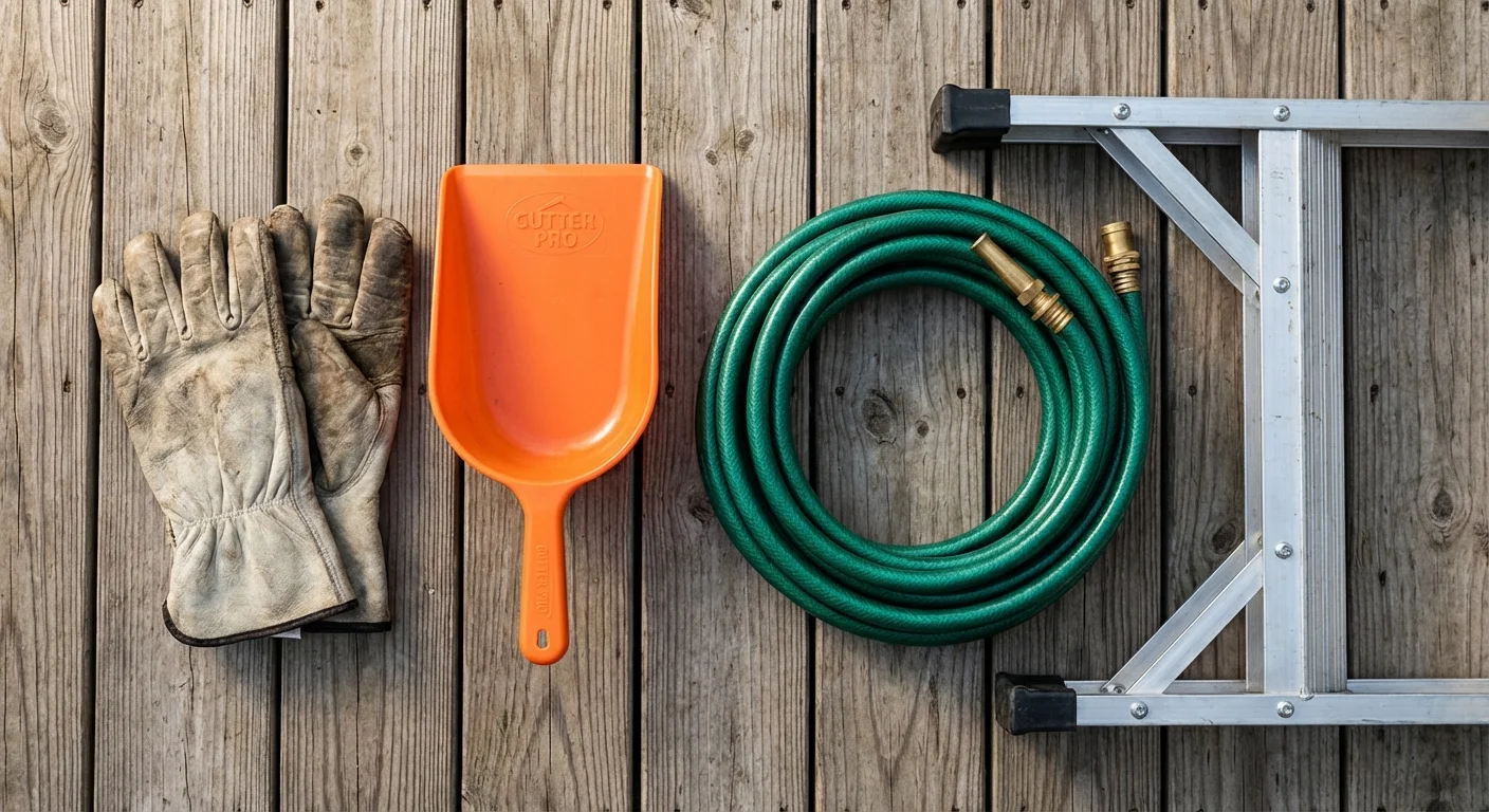 An organized flat lay of gutter cleaning tools including gloves, a scoop, and a hose on a wooden deck.