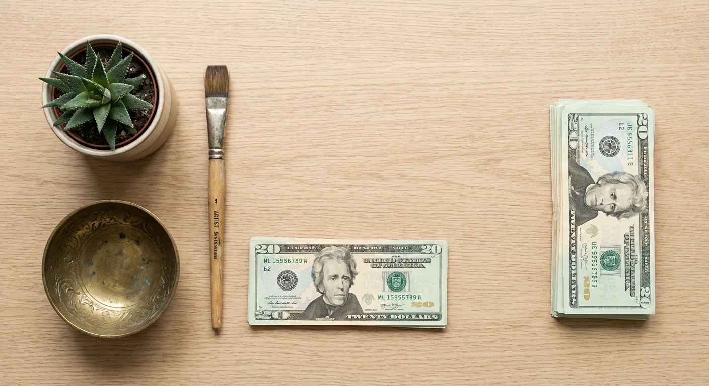 An organized flat lay of home decor items and cash, representing a $300 budget.