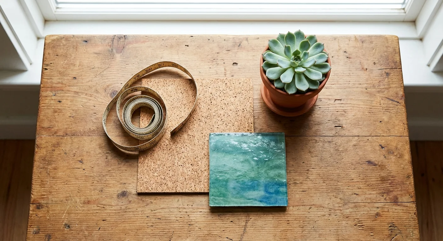 An organized flat lay of sustainable building material samples.