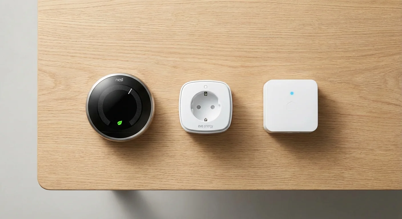 An organized flat-lay of various smart home energy-saving devices on a wooden table.