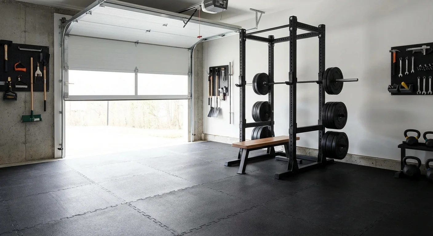 An organized garage gym with rubber flooring and a weight rack in a bright space.