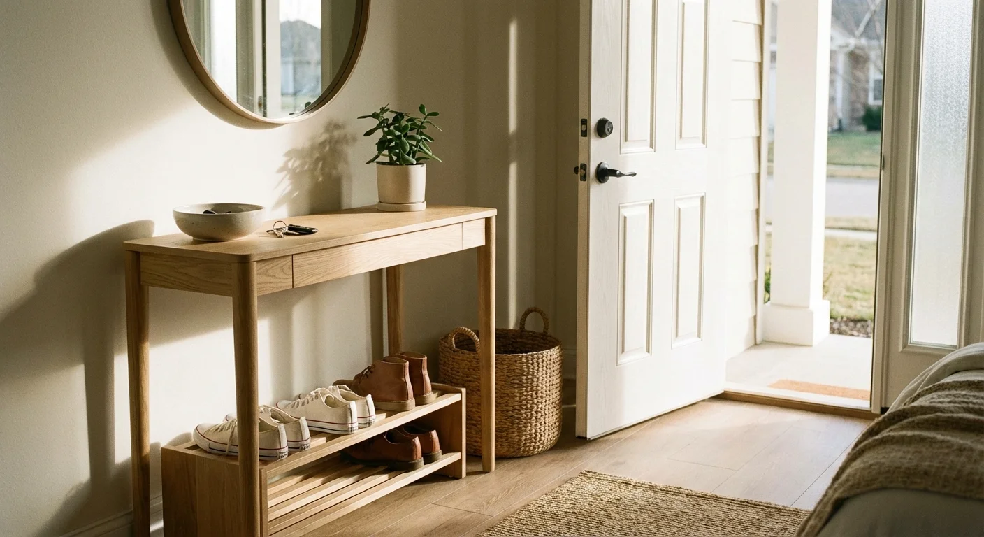 An organized home entryway with a wooden table, key bowl, and shoe storage.