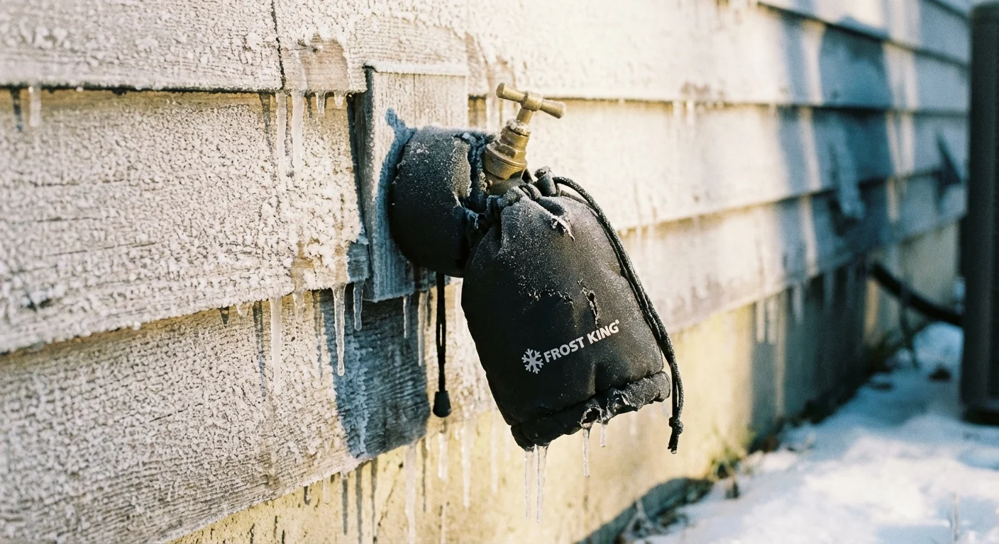 An outdoor water faucet covered with a protective black insulated cover.