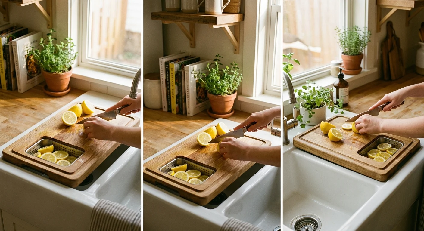 An over-the-sink cutting board used to create extra workspace in a small kitchen.