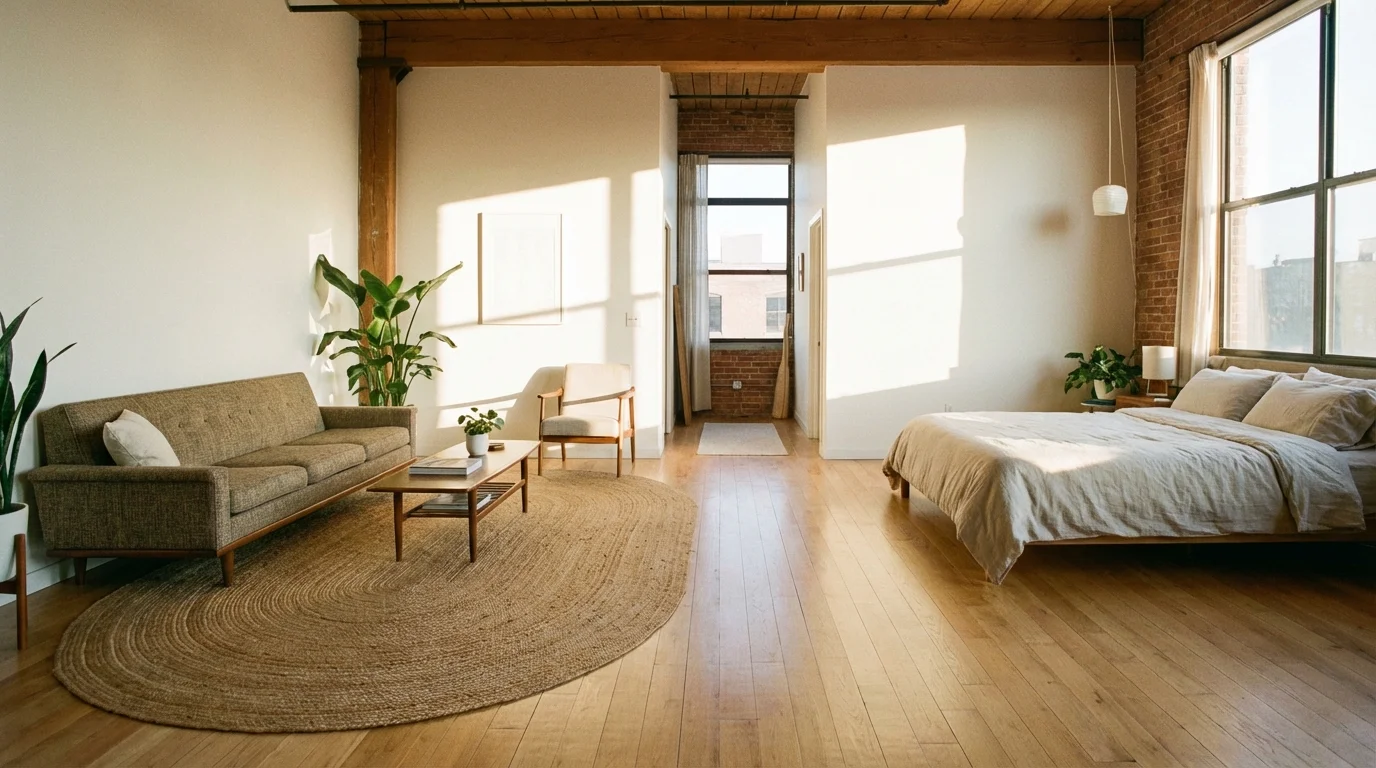 An overhead-angle shot of a studio apartment floor showing a rug defining the living room area.