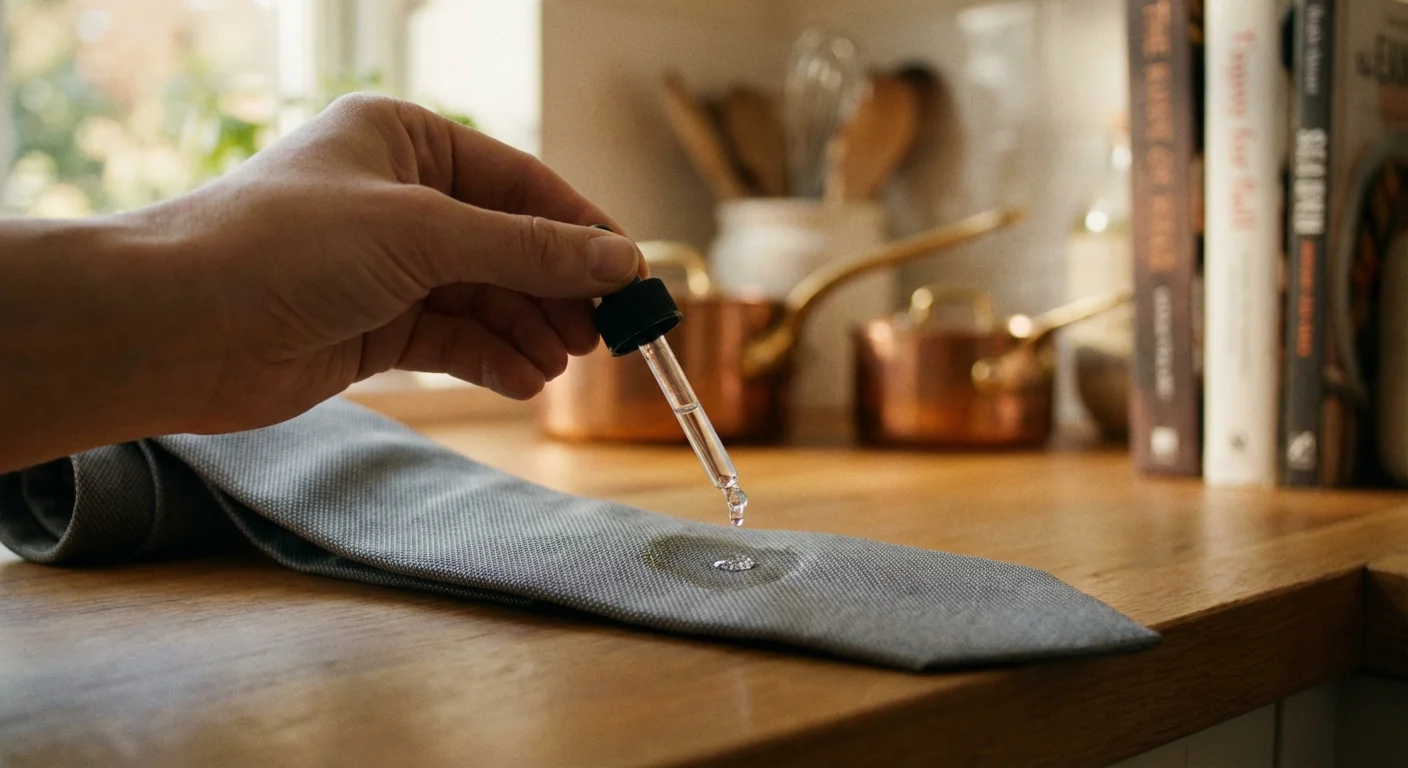 Applying dish soap to a grease spot on a silk tie.