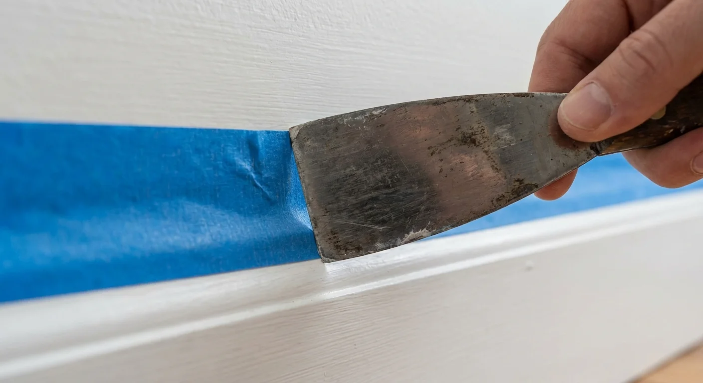 Applying painter's tape carefully to a baseboard.