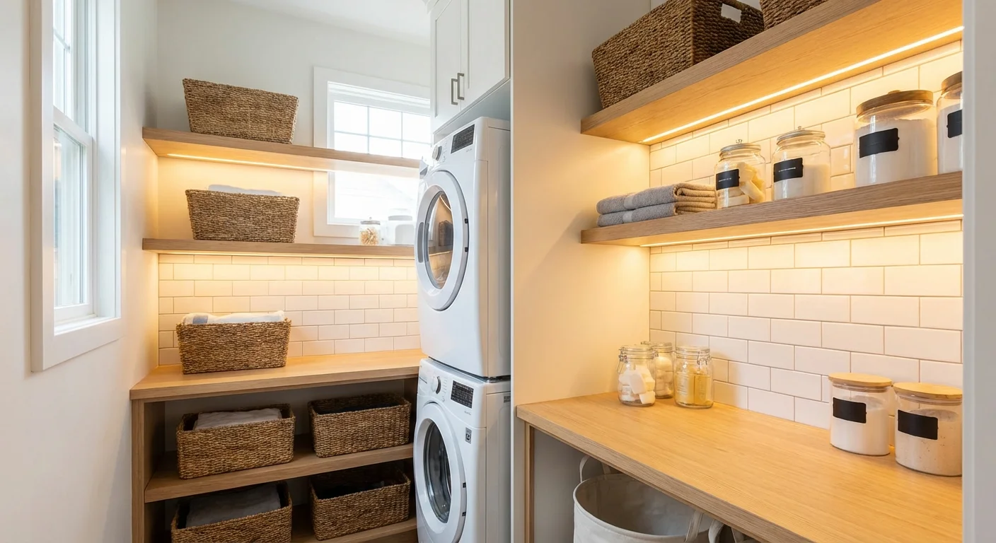 Bright under-cabinet lighting illuminating a small laundry workspace.
