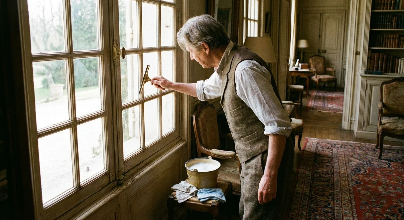 Cleaning a multi-pane French window with a small handheld squeegee.
