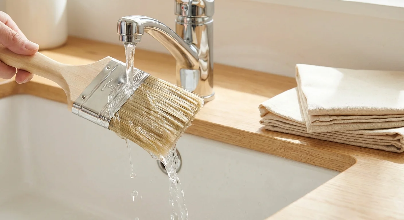 Cleaning a paint brush under running water in a clean sink.