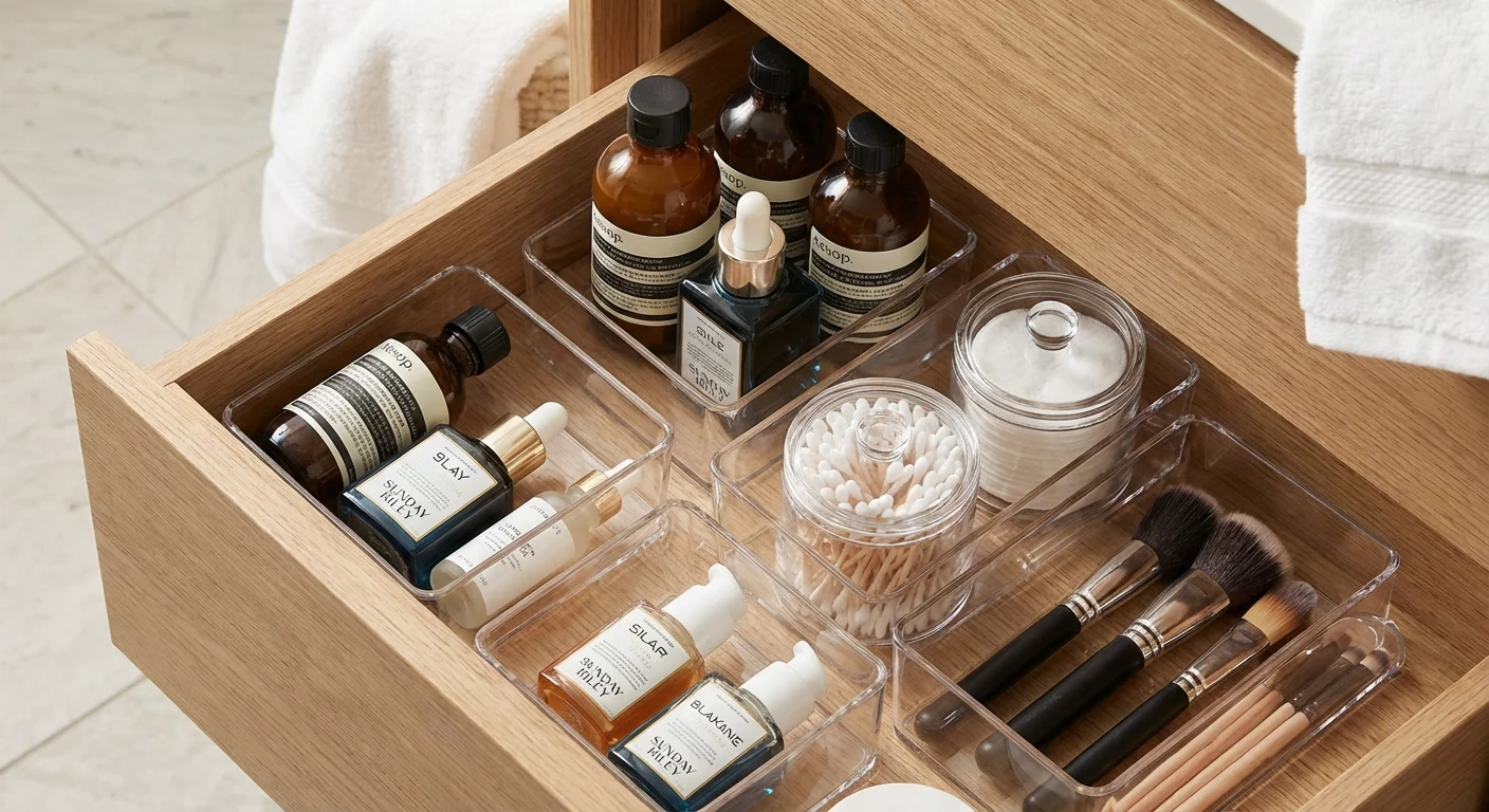 Clear acrylic organizers in a bathroom drawer holding skincare products and beauty tools.