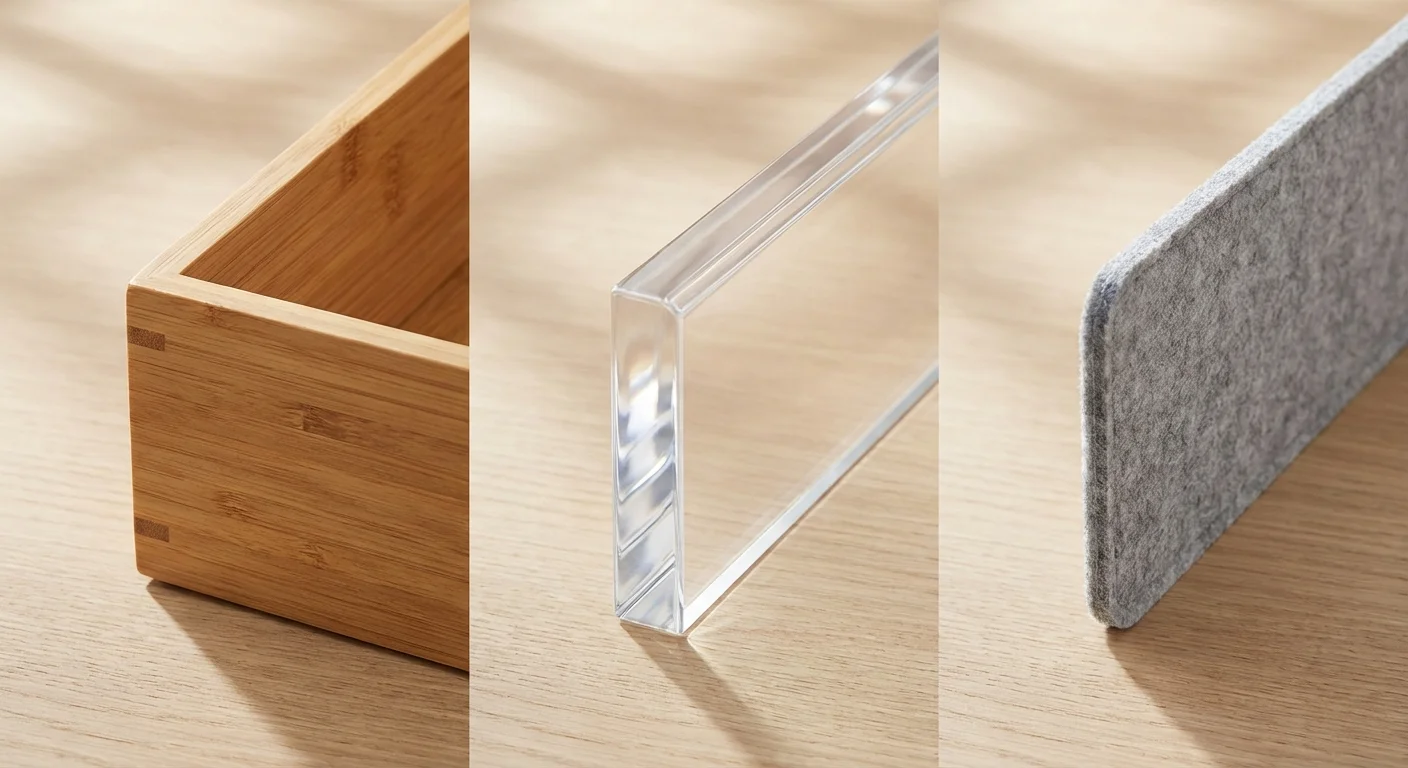 Close-up comparison of bamboo, acrylic, and felt drawer organizer materials.