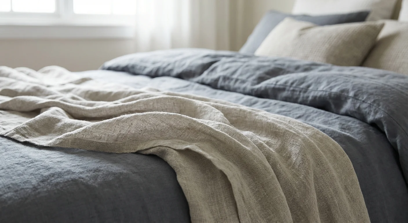 Close-up detail of breathable linen and cotton fabric textures in neutral tones.