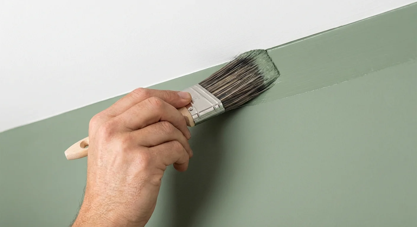 Close-up of a brush painting a sharp line along a ceiling edge.