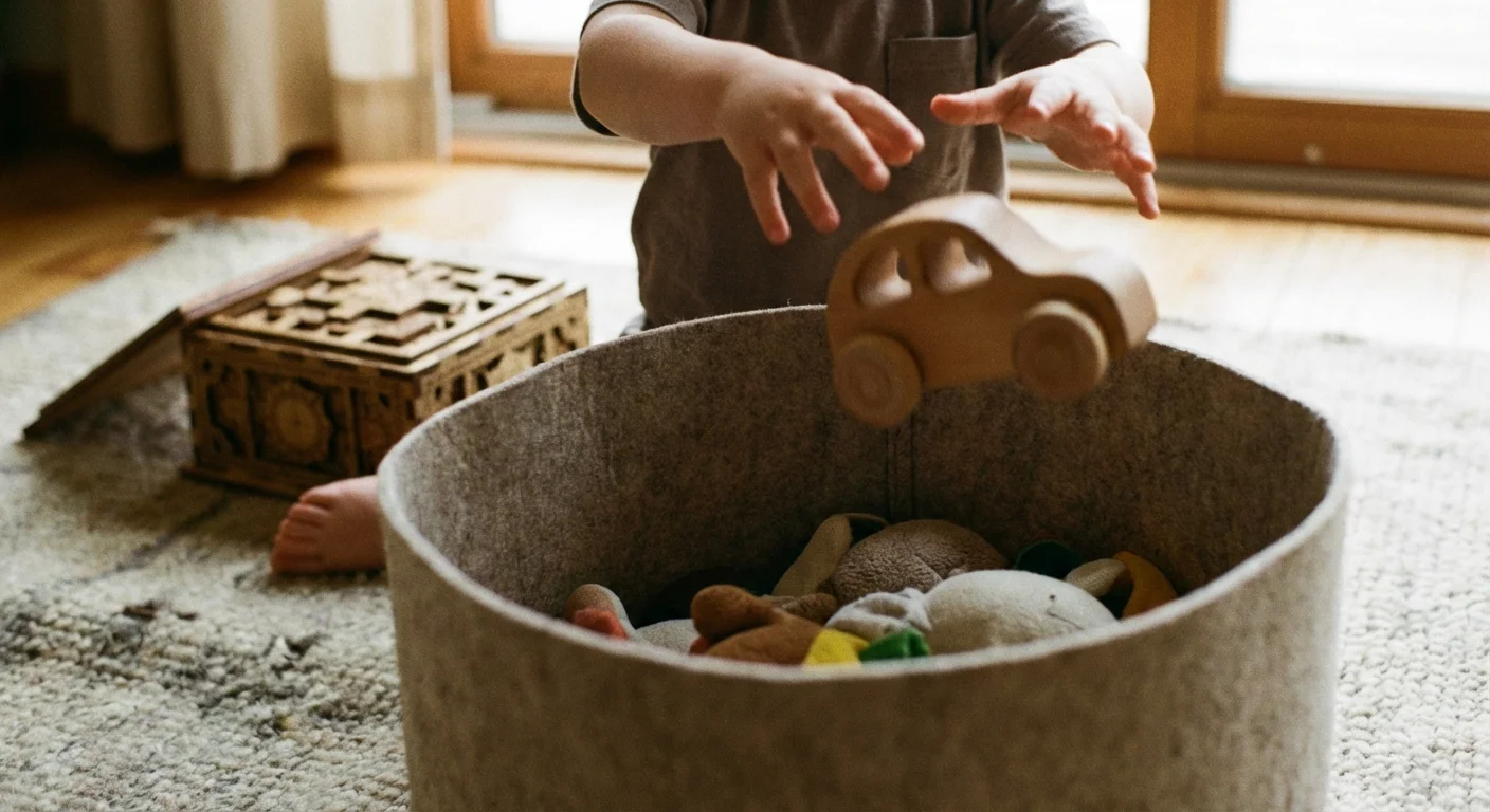 Close-up of a child putting a toy into an open bin, demonstrating simple organization.