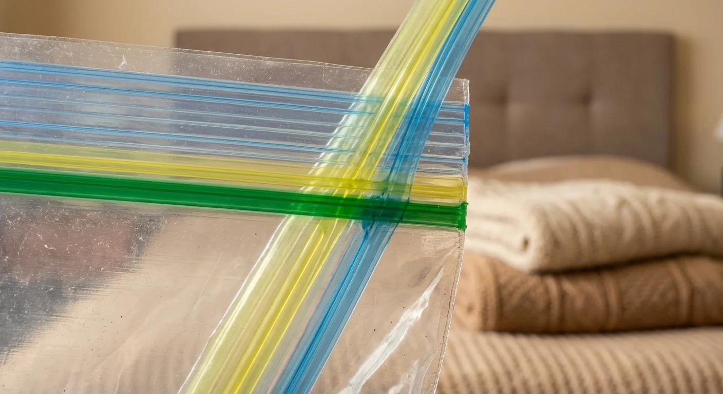 Close-up of a color-changing double-zipper seal on a vacuum storage bag.