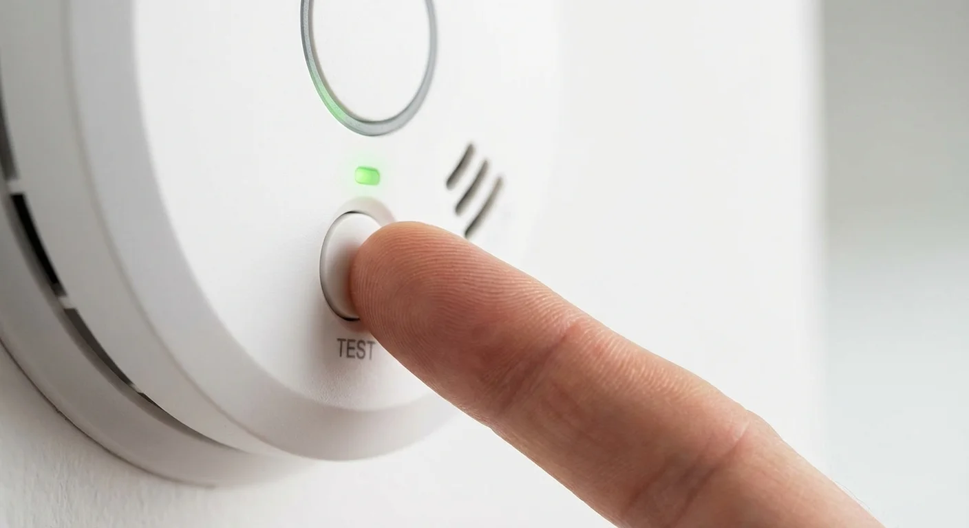 Close-up of a finger pressing the test button on a smoke alarm.