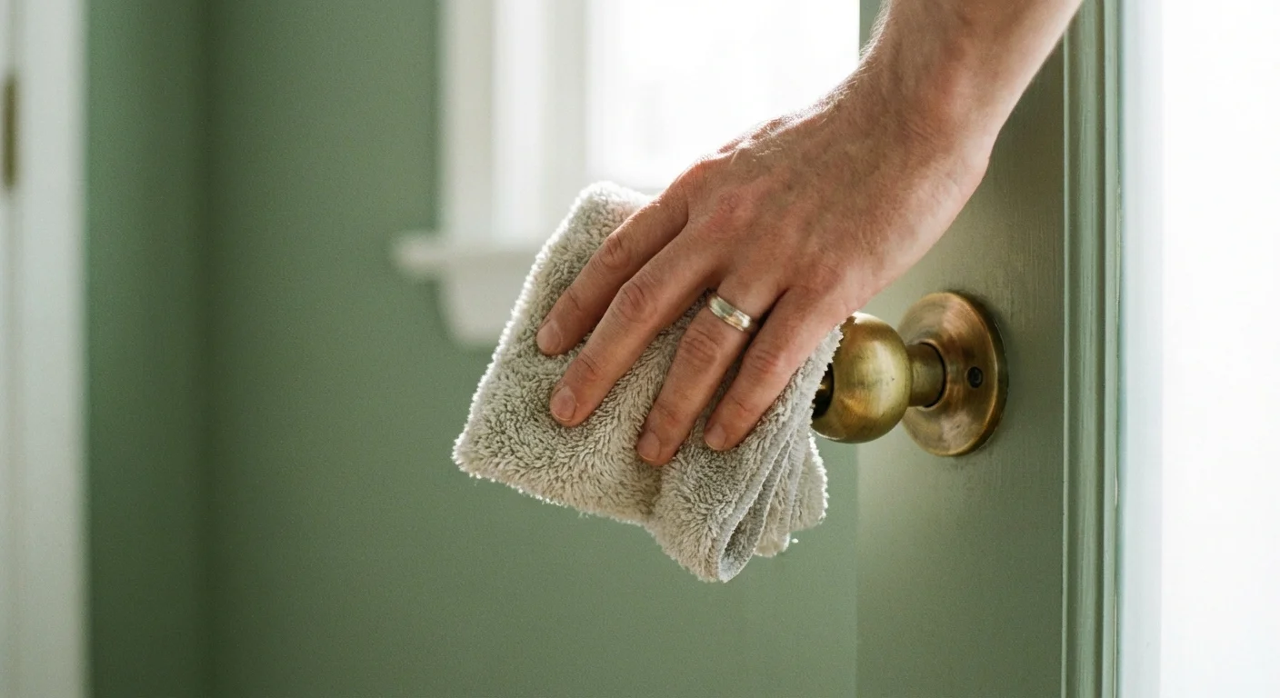 Close-up of a hand cleaning a brass doorknob with a cloth.