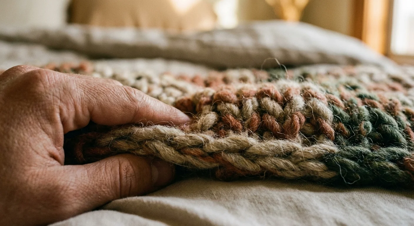 Close-up of a hand feeling a thick wool blanket, highlighting the tactile nature of bedroom decor.