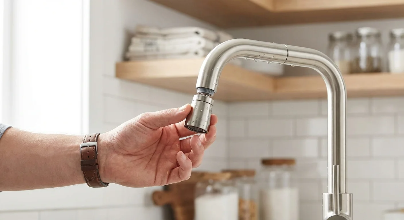 Close-up of a hand installing a water-saving aerator on a kitchen faucet.