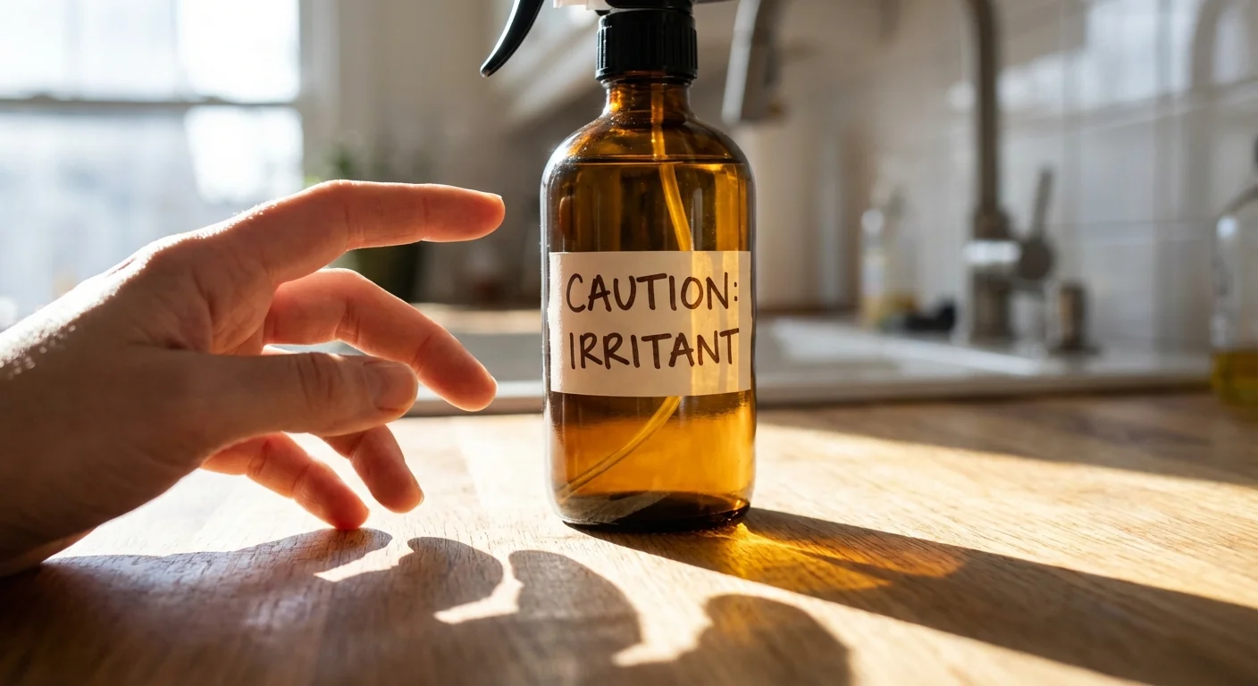 Close-up of a hand near a cleaning bottle with a warning label.