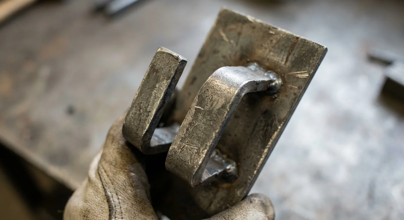 Close-up of a metal hidden post bracket for a floating shelf.