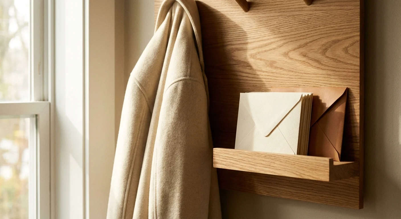 Close-up of a minimalist wooden wall organizer with a coat and mail.