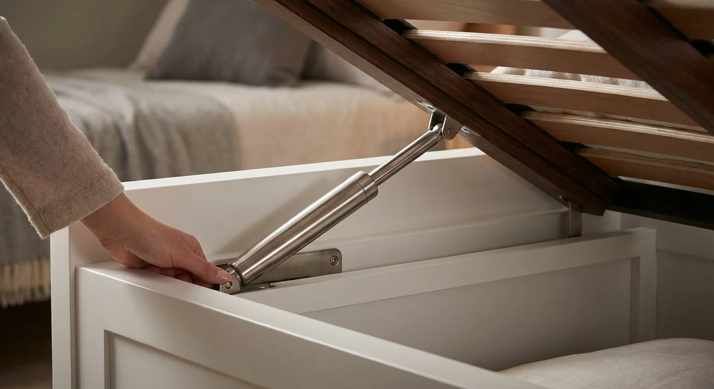 Close-up of a modern gas piston lift mechanism on a white Murphy bed frame.