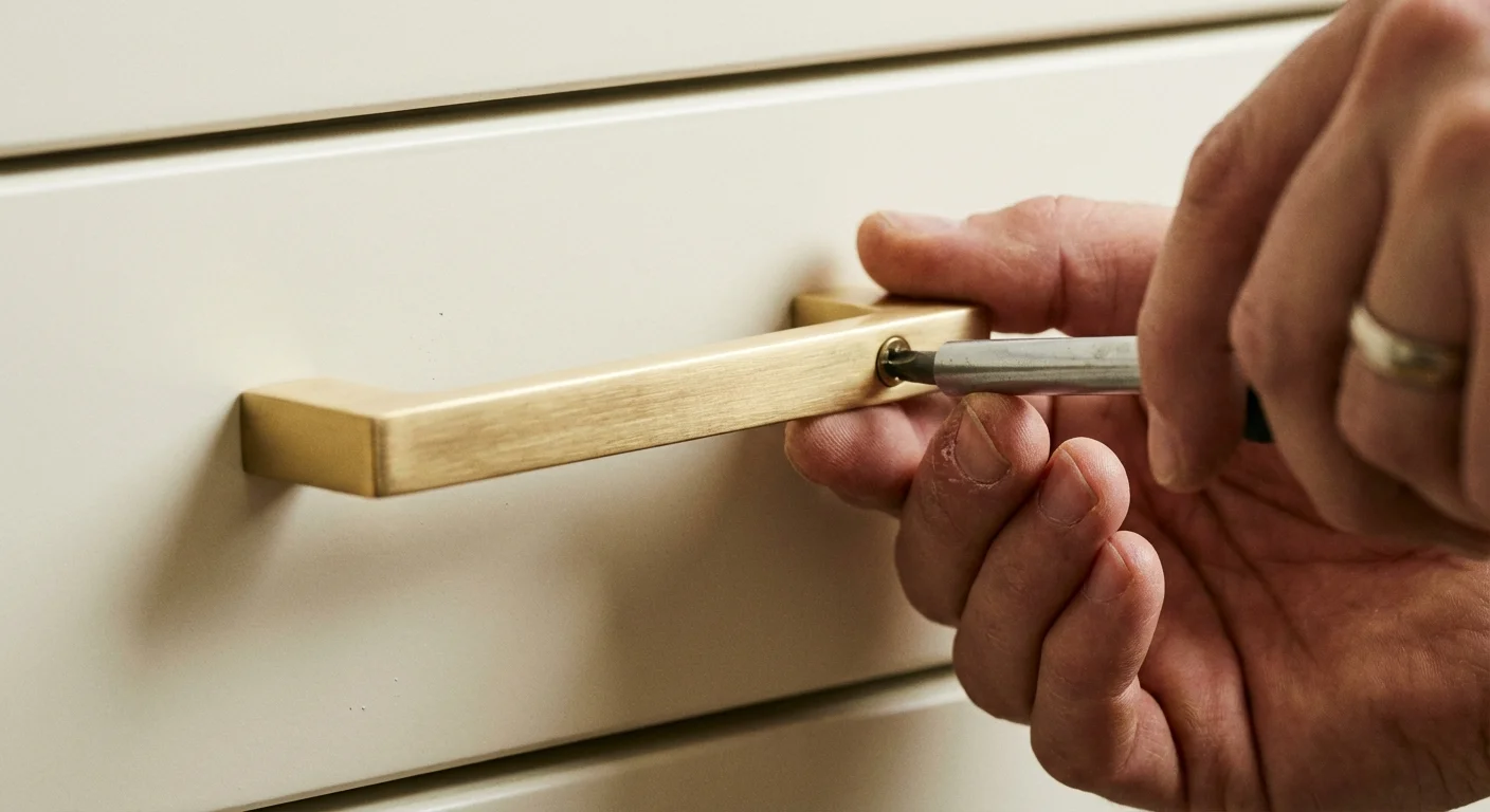 Close-up of a person installing a modern brushed brass handle on a white kitchen cabinet.